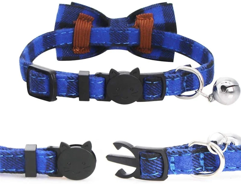 SLSON - Juego de 4 collares para gato con campana, a cuadros y pajarita para mascotas, gatitos y gatos, ajustables de 8 a 11 pulgadas, negro, azul, rojo y verde