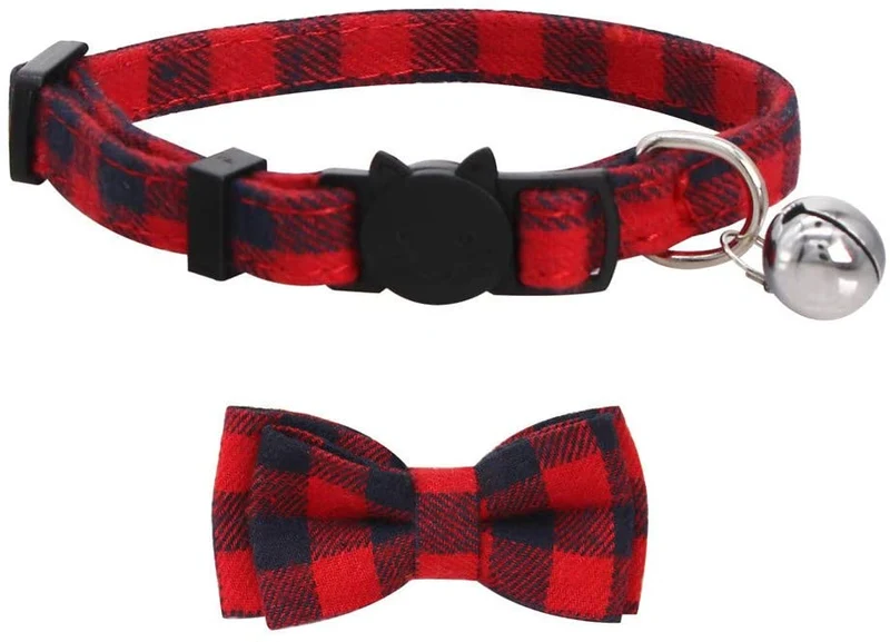 SLSON - Juego de 4 collares para gato con campana, a cuadros y pajarita para mascotas, gatitos y gatos, ajustables de 8 a 11 pulgadas, negro, azul, rojo y verde
