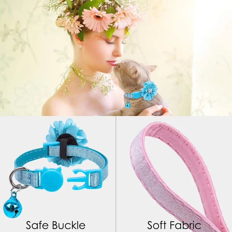 PUPTECK 3 collares de piel para gatos con campana y flor extraíble, collares de seguridad ajustables lindos y suaves para gatos y animales pequeños mascotas, color rosa, verde, dorado