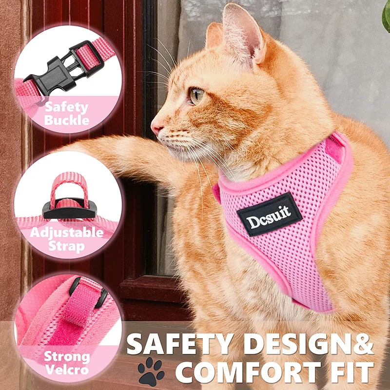 DCSUIT Cat Harness Leash Set - Escape Proof Safety Pink Cute Small Dog Soft Mesh Breathable Full Body Vest Harness,Adjustable Comfort Fit for Puppy/Kittens/Rabbits/Small Animals Easy Walking Outside