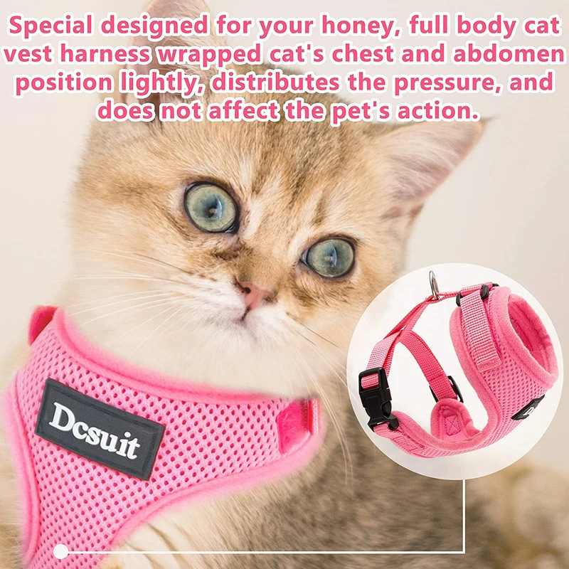 DCSUIT Cat Harness Leash Set - Escape Proof Safety Pink Cute Small Dog Soft Mesh Breathable Full Body Vest Harness,Adjustable Comfort Fit for Puppy/Kittens/Rabbits/Small Animals Easy Walking Outside