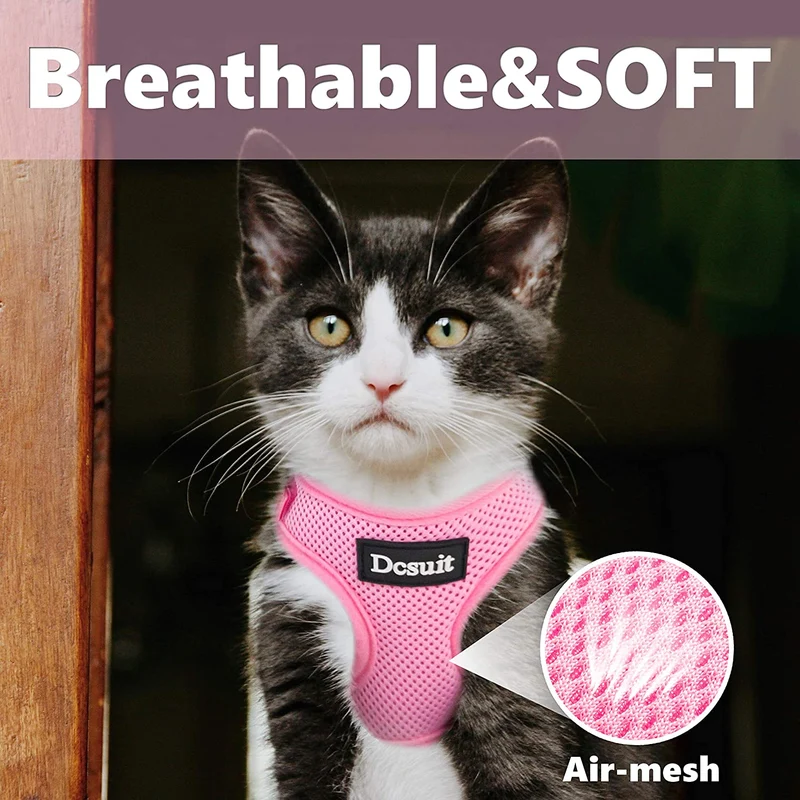 DCSUIT Cat Harness Leash Set - Escape Proof Safety Pink Cute Small Dog Soft Mesh Breathable Full Body Vest Harness,Adjustable Comfort Fit for Puppy/Kittens/Rabbits/Small Animals Easy Walking Outside