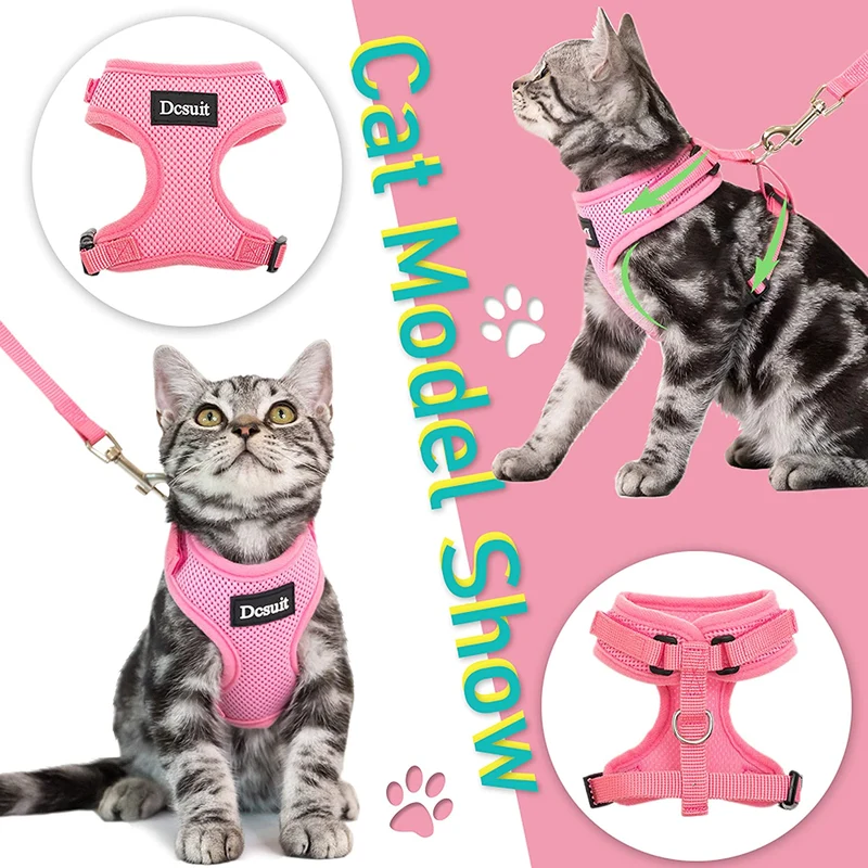 DCSUIT Cat Harness Leash Set - Escape Proof Safety Pink Cute Small Dog Soft Mesh Breathable Full Body Vest Harness,Adjustable Comfort Fit for Puppy/Kittens/Rabbits/Small Animals Easy Walking Outside