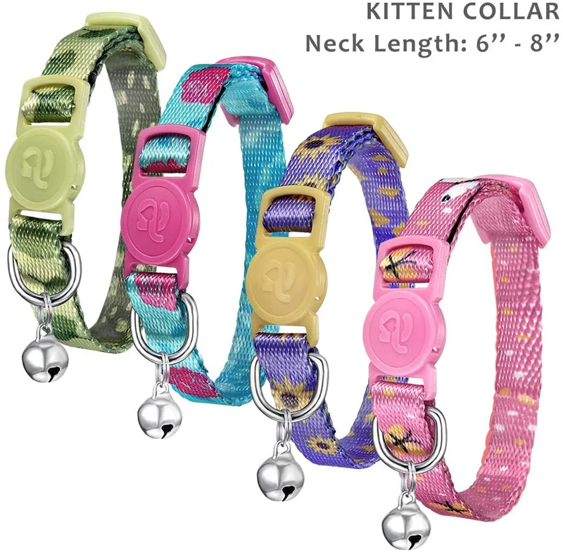 Collar para gato con campana, hebilla de seguridad, collar ajustable para gato, varios diseños, paquete de 4