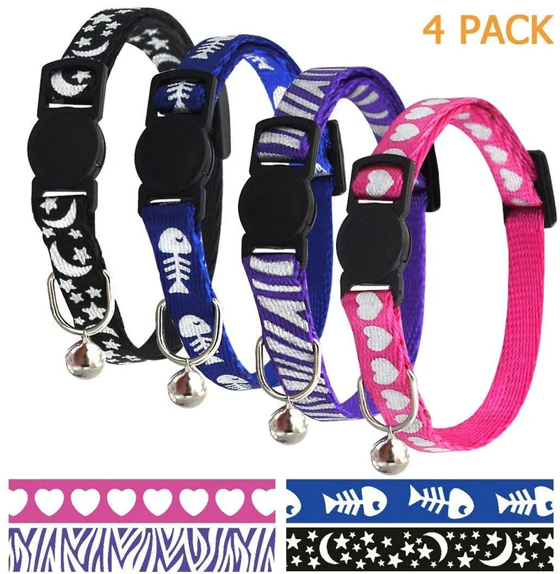 Collar para gato con campana, hebilla de seguridad, collar ajustable para gato, varios diseños, paquete de 4