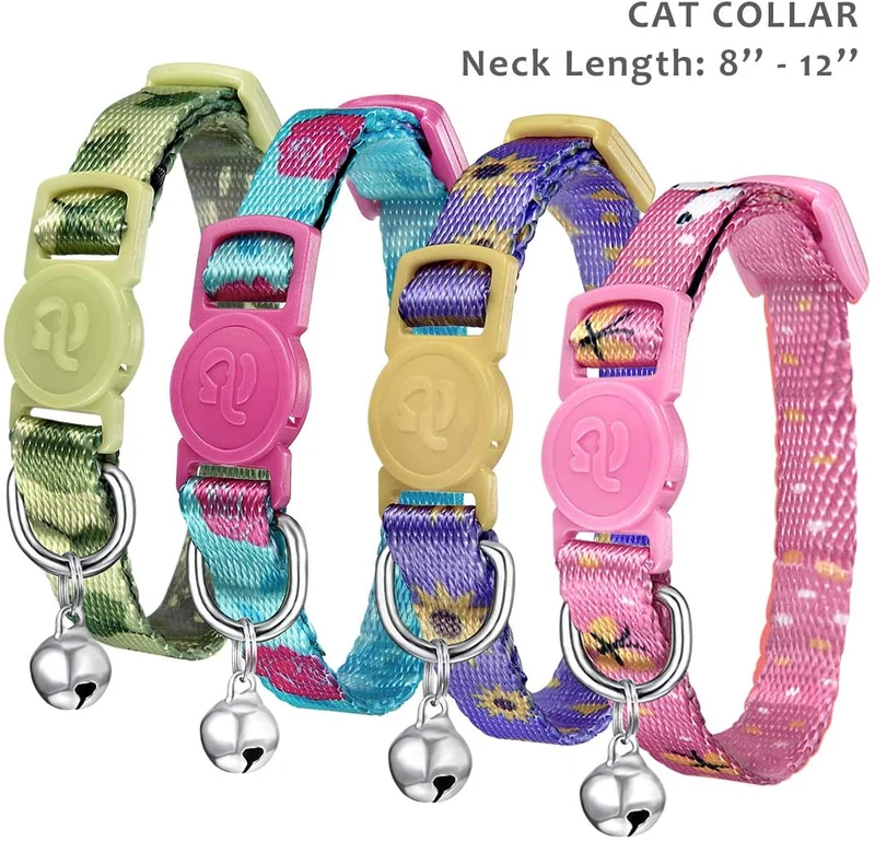 Collar para gato con campana, hebilla de seguridad, collar ajustable para gato, varios diseños, paquete de 4