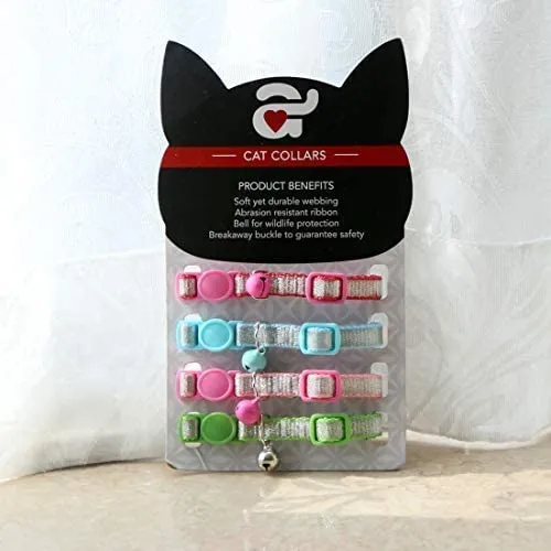 Collar para gato con campana, hebilla de seguridad, collar ajustable para gato, varios diseños, paquete de 4