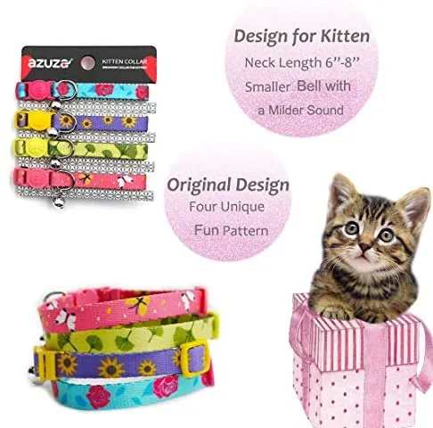 Collar para gato con campana, hebilla de seguridad, collar ajustable para gato, varios diseños, paquete de 4