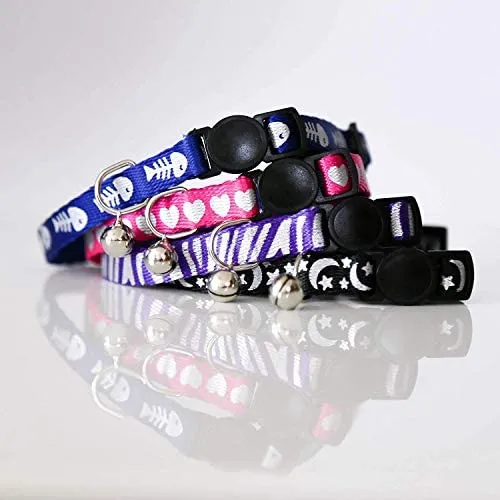Collar para gato con campana, hebilla de seguridad, collar ajustable para gato, varios diseños, paquete de 4
