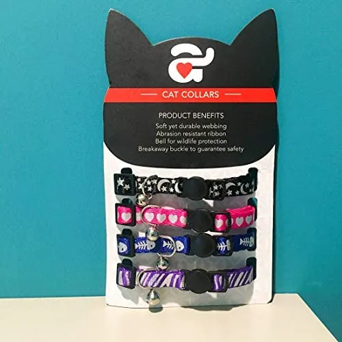 Collar para gato con campana, hebilla de seguridad, collar ajustable para gato, varios diseños, paquete de 4