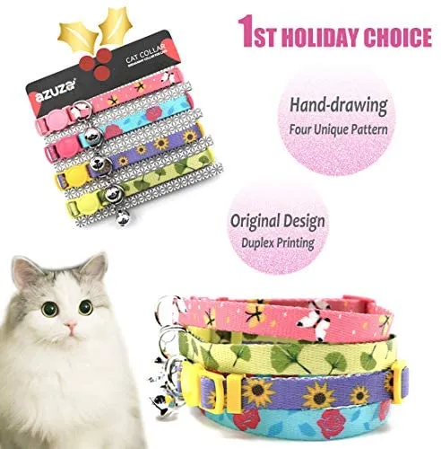 Collar para gato con campana, hebilla de seguridad, collar ajustable para gato, varios diseños, paquete de 4