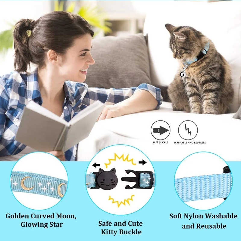 6 collares de gato con campanilla de luna dorada brillante en la oscuridad para gatito