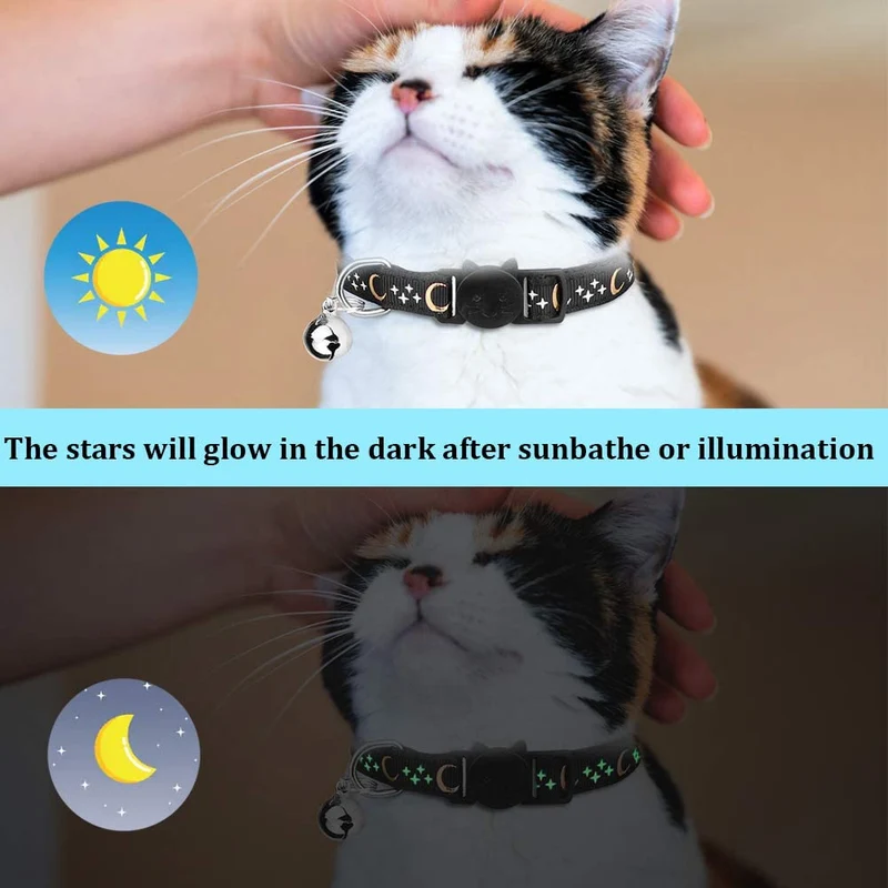 6 collares de gato con campanilla de luna dorada brillante en la oscuridad para gatito