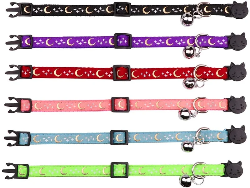 6 collares de gato con campanilla de luna dorada brillante en la oscuridad para gatito