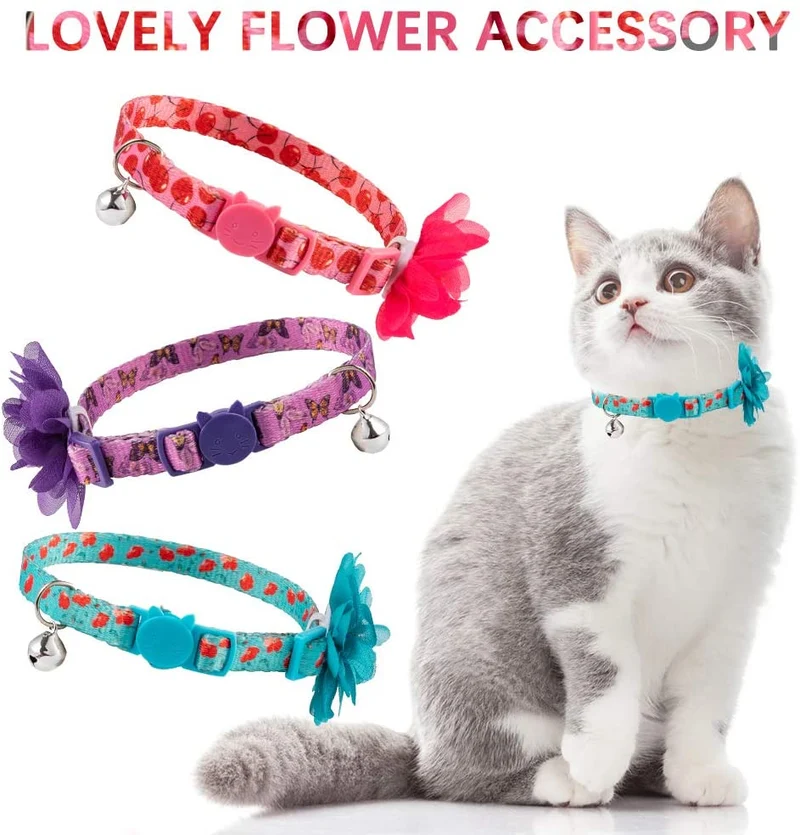 SCENEREAL Collar de gato con lazo de flor, 3 paquetes – Bonito patrón floral de primavera, collares ajustables para gatos gatitos