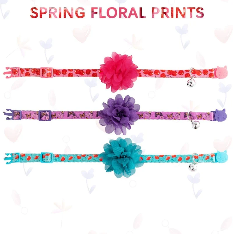 SCENEREAL Collar de gato con lazo de flor, 3 paquetes – Bonito patrón floral de primavera, collares ajustables para gatos gatitos