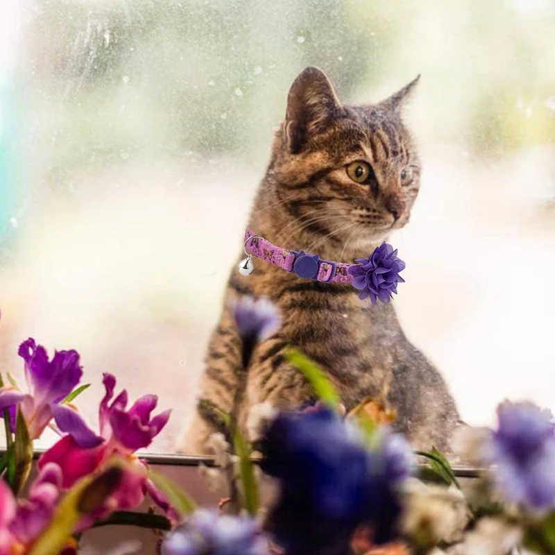 SCENEREAL Collar de gato con lazo de flor, 3 paquetes – Bonito patrón floral de primavera, collares ajustables para gatos gatitos