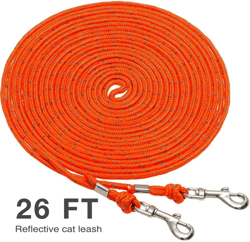 OFPUPPY - Correa reflectante para gato, cuerda trenzada de nailon, para exterior, naranja y negro, 26 pies