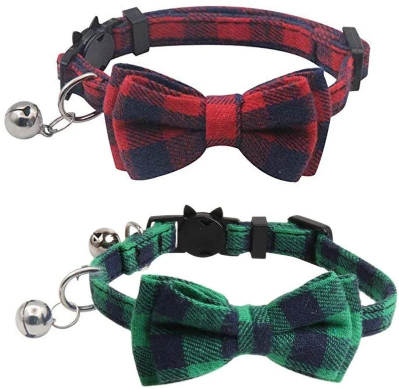 Imikoko - Collar para gato con pajarita y campana para Kitty ajustable, diseño de cuadros de seguridad, Sandía
