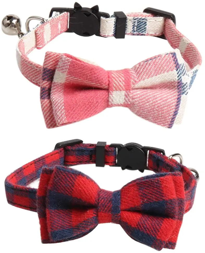 Imikoko - Collar para gato con pajarita y campana para Kitty ajustable, diseño de cuadros de seguridad, Sandía