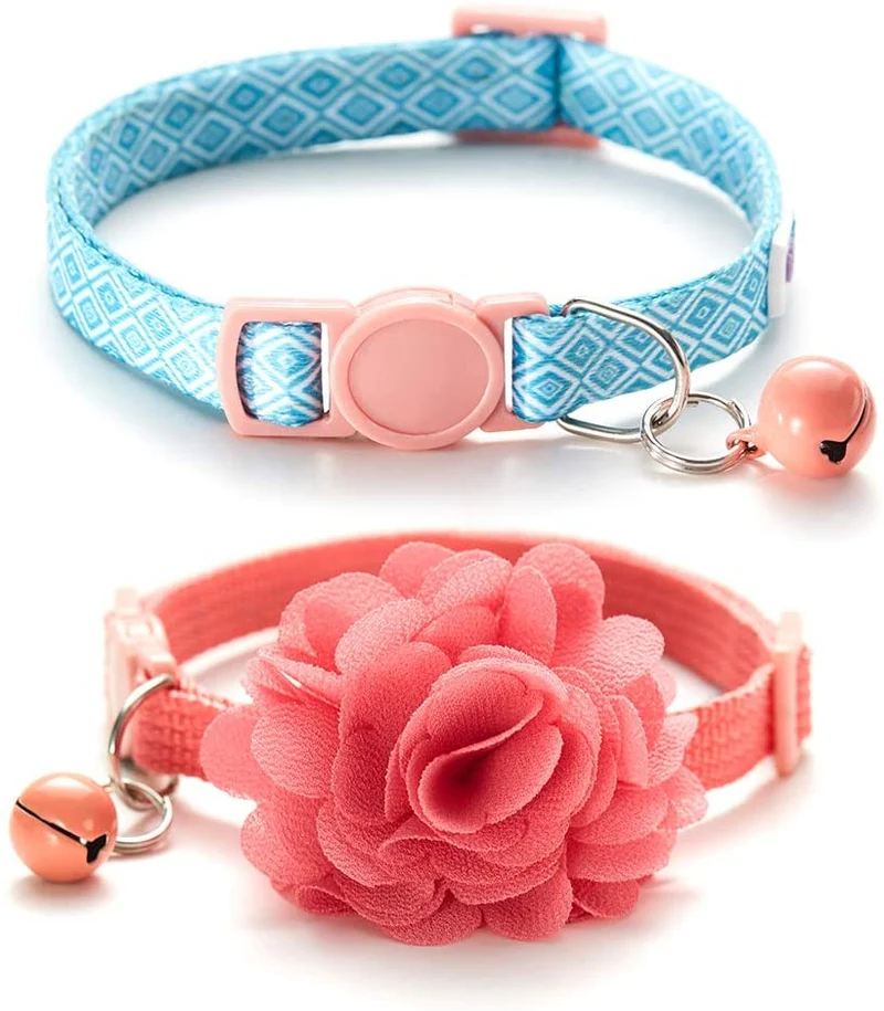 BR BLUERISE - 2 collares para gato con correa ajustable para gato, con hebilla de seguridad, color rojo y azul