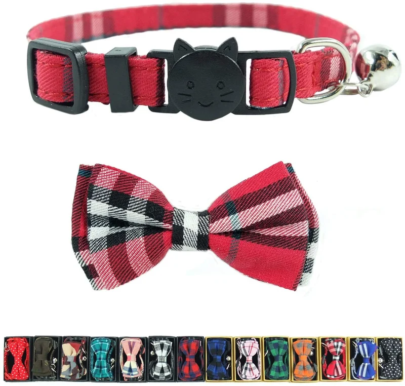Collar de gato con capucha y pajarita, diseño a cuadros ajustable de seguridad Kitty Kitten Collares (6.8-10.8in)