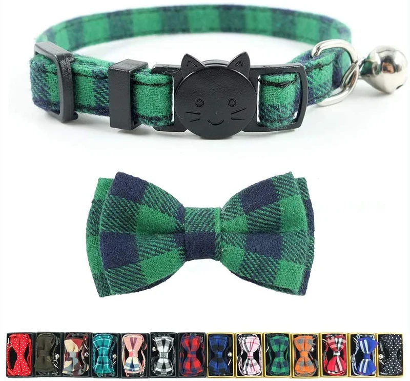 Collar de gato con capucha y pajarita, diseño a cuadros ajustable de seguridad Kitty Kitten Collares (6.8-10.8in)