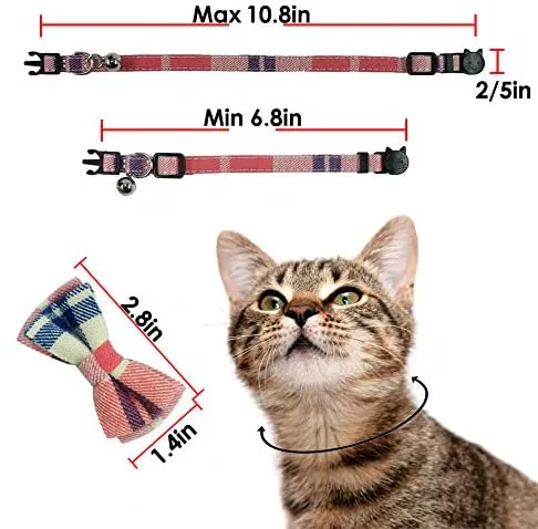 Collar de gato con capucha y pajarita, diseño a cuadros ajustable de seguridad Kitty Kitten Collares (6.8-10.8in)