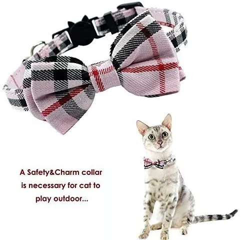 Collar de gato con capucha y pajarita, diseño a cuadros ajustable de seguridad Kitty Kitten Collares (6.8-10.8in)