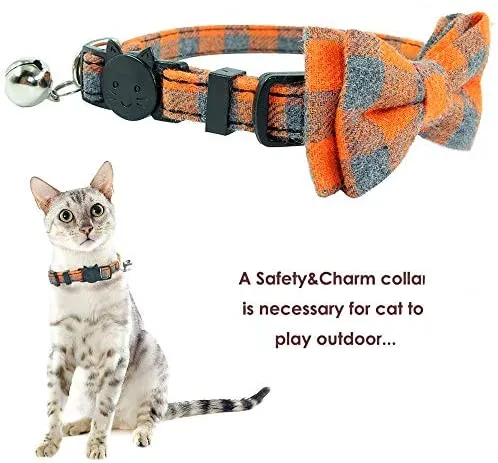 Collar de gato con capucha y pajarita, diseño a cuadros ajustable de seguridad Kitty Kitten Collares (6.8-10.8in)