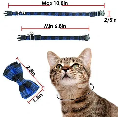 Collar de gato con capucha y pajarita, diseño a cuadros ajustable de seguridad Kitty Kitten Collares (6.8-10.8in)
