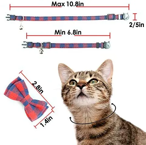 Collar de gato con capucha y pajarita, diseño a cuadros ajustable de seguridad Kitty Kitten Collares (6.8-10.8in)