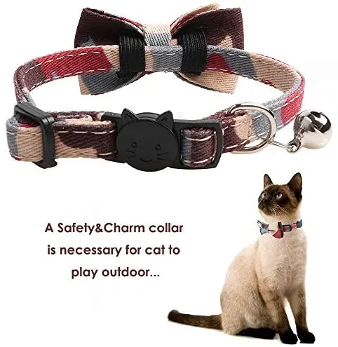 Collar de gato con capucha y pajarita, diseño a cuadros ajustable de seguridad Kitty Kitten Collares (6.8-10.8in)