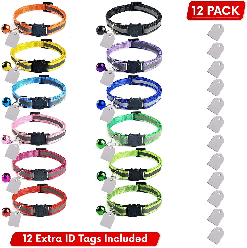 Elanz - Juego de 12 collares de gato reflectante con campana y etiqueta de identificación – ajustable, súper suave, duradero de nailon para gatos, multicolor con hebillas de seguridad y etiquetas de identificación resistentes a la intemperie para gatos y