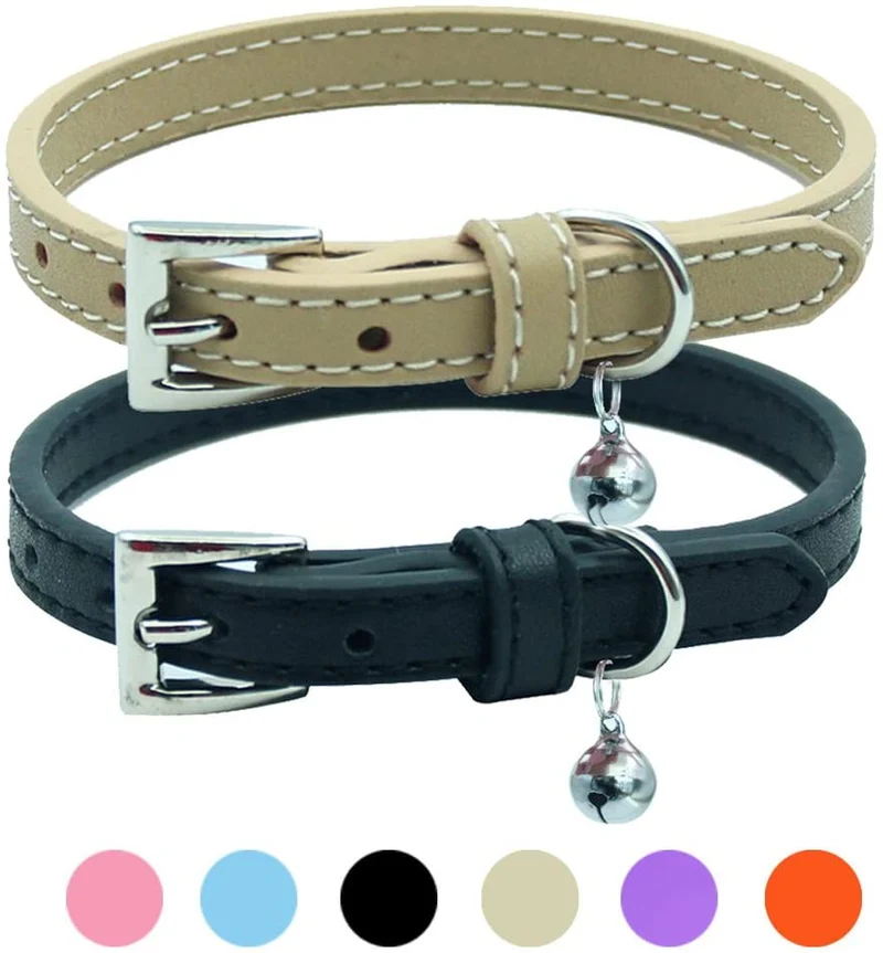 PUPTECK - 2 collares de piel suave para gato, color naranja, morado, negro, caqui, rosa, azul
