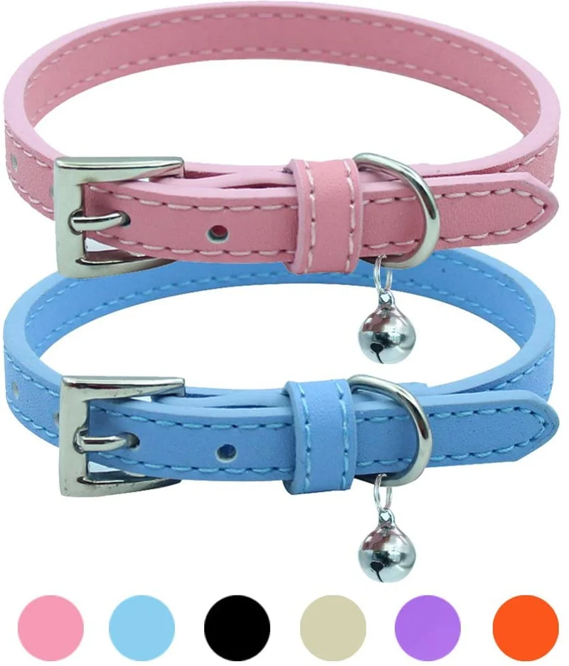PUPTECK - 2 collares de piel suave para gato, color naranja, morado, negro, caqui, rosa, azul