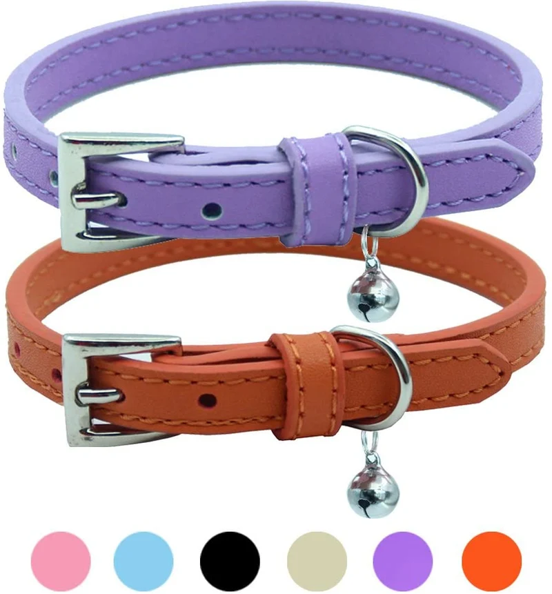 PUPTECK - 2 collares de piel suave para gato, color naranja, morado, negro, caqui, rosa, azul
