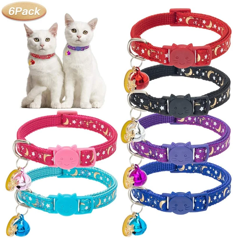 KOOLTAIL Cat Collar Breakaway with Bell for Kitten - 6 Pack Stars and Moon Charm Pendent Cat Reflective Collars Bell Glow in The Dark for Cats Kitty Puppy
