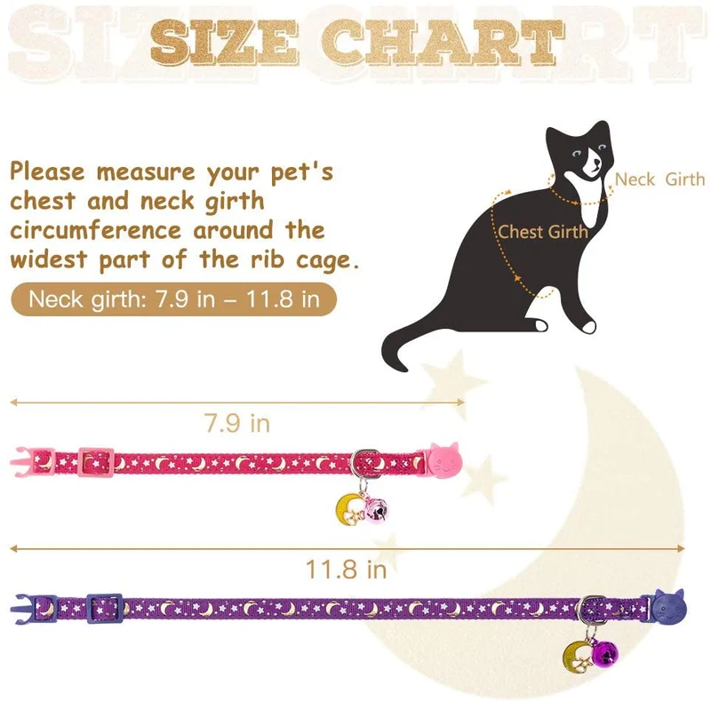 KOOLTAIL Cat Collar Breakaway with Bell for Kitten - 6 Pack Stars and Moon Charm Pendent Cat Reflective Collars Bell Glow in The Dark for Cats Kitty Puppy