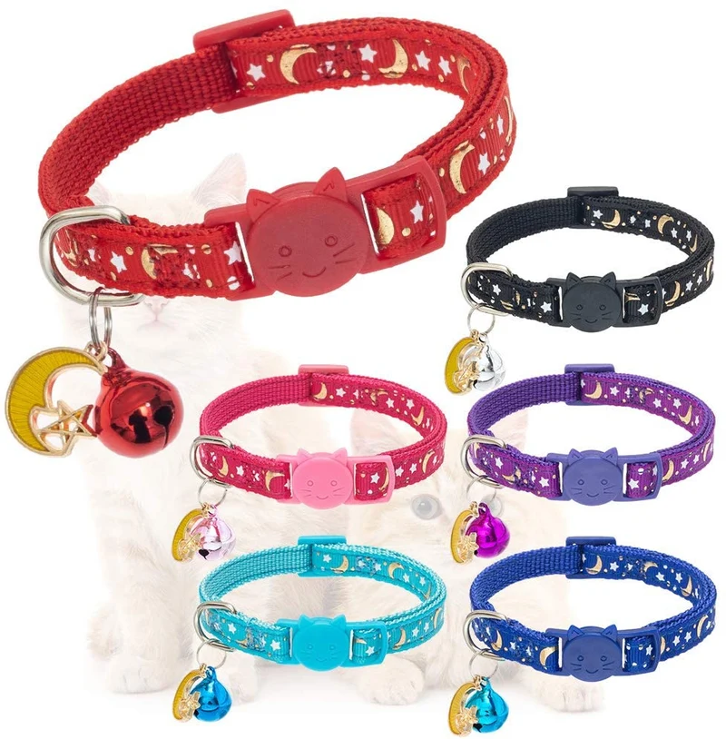 KOOLTAIL Cat Collar Breakaway with Bell for Kitten - 6 Pack Stars and Moon Charm Pendent Cat Reflective Collars Bell Glow in The Dark for Cats Kitty Puppy