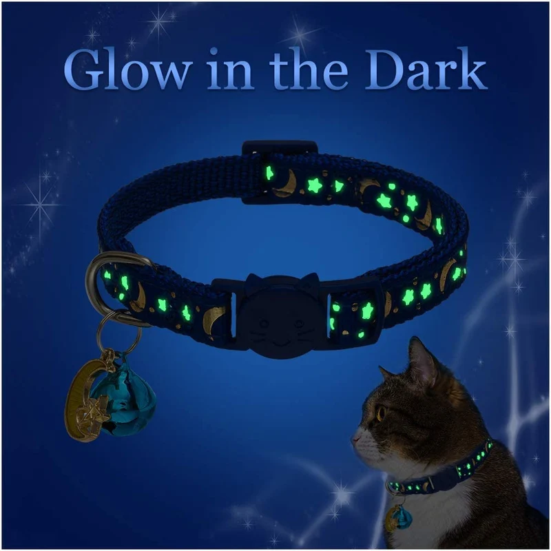 KOOLTAIL Cat Collar Breakaway with Bell for Kitten - 6 Pack Stars and Moon Charm Pendent Cat Reflective Collars Bell Glow in The Dark for Cats Kitty Puppy