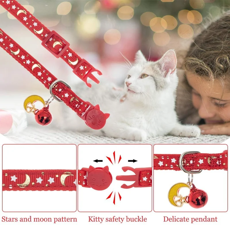 KOOLTAIL Cat Collar Breakaway with Bell for Kitten - 6 Pack Stars and Moon Charm Pendent Cat Reflective Collars Bell Glow in The Dark for Cats Kitty Puppy