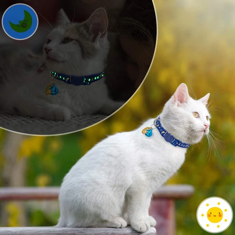 KOOLTAIL Cat Collar Breakaway with Bell for Kitten - 6 Pack Stars and Moon Charm Pendent Cat Reflective Collars Bell Glow in The Dark for Cats Kitty Puppy
