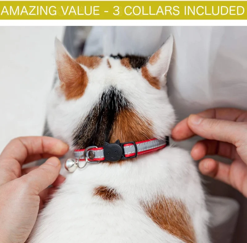 Collar de gato de cuero reflectante, juego de 3, más colgante de la suerte, con campana, collares de perro pequeño, collares de gatito, collar para mascota, reemplazo gratuito