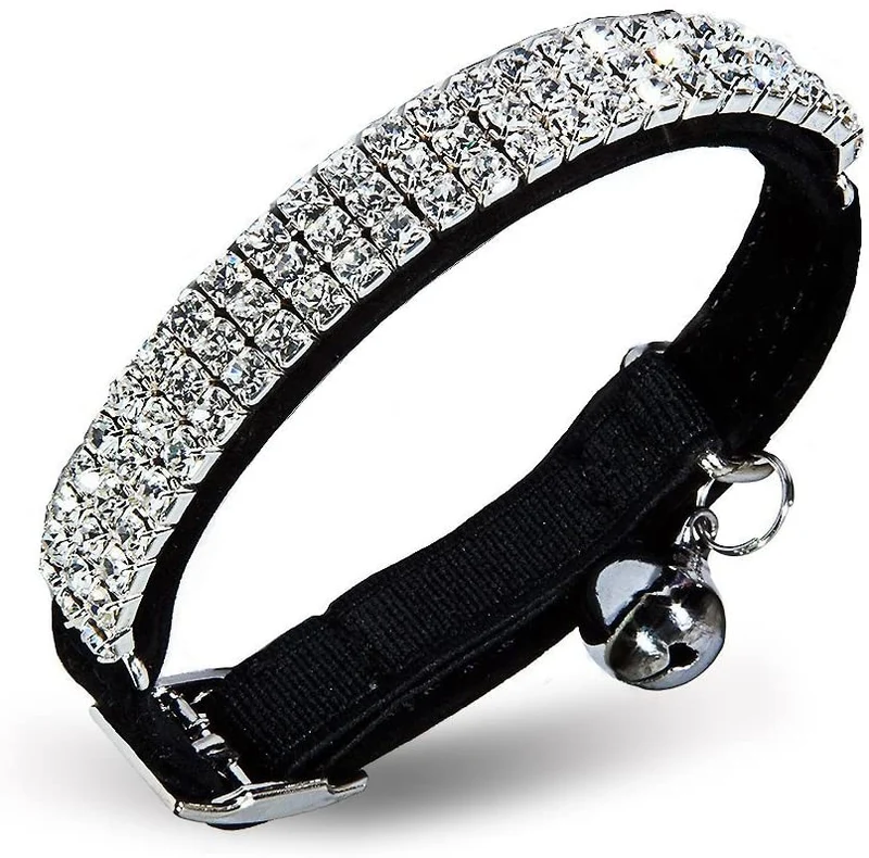 Collar ajustable seguro para gatos CHUKCHI de terciopelo suave Adorno ostentoso de diamante con campanas de 11 pulgadas para perros pequeños y gatos