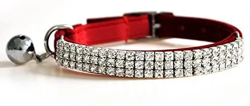 Collar ajustable seguro para gatos CHUKCHI de terciopelo suave Adorno ostentoso de diamante con campanas de 11 pulgadas para perros pequeños y gatos