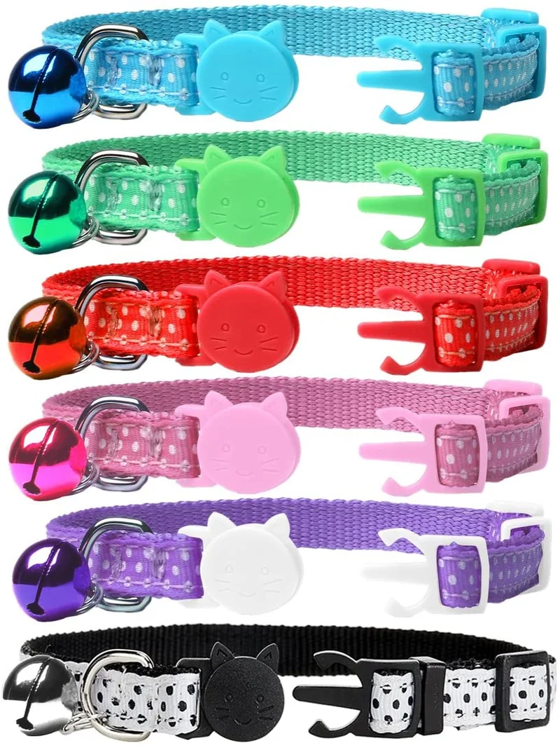 EXPAWLORER 6 Pcs Wave Point Adjustable Cat Collars Colorful Nylon Breakaway Safety Pet Collar with Bells