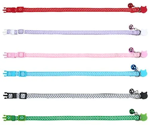 EXPAWLORER 6 Pcs Wave Point Adjustable Cat Collars Colorful Nylon Breakaway Safety Pet Collar with Bells