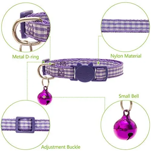 EXPAWLORER 6 Pcs Wave Point Adjustable Cat Collars Colorful Nylon Breakaway Safety Pet Collar with Bells