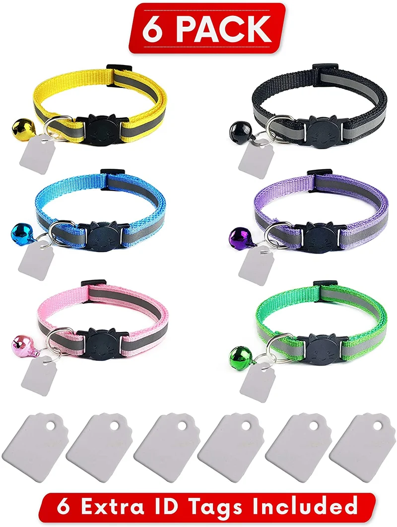 Elanz - Juego de 6 collares de gato reflectantes, con campana y etiqueta de identificación – ajustable, supersuaves, duraderos de nailon para gatos, multicolor con hebillas de seguridad y etiquetas de identificación impermeables para gatos y gatos
